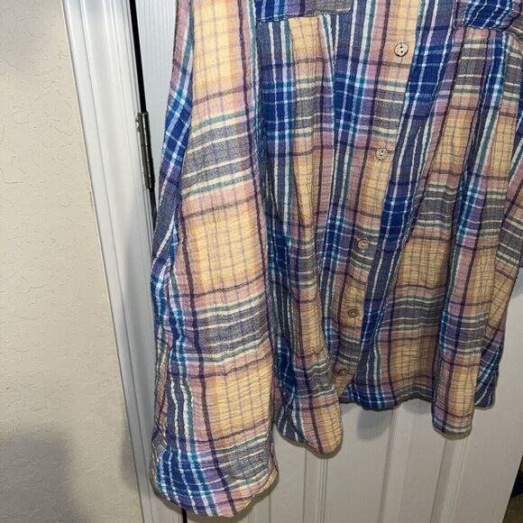 Free People (L) Voyage Shirtdress Plaid Gauzy textured in Sunrise Combo Pockets - Picture 7 of 16